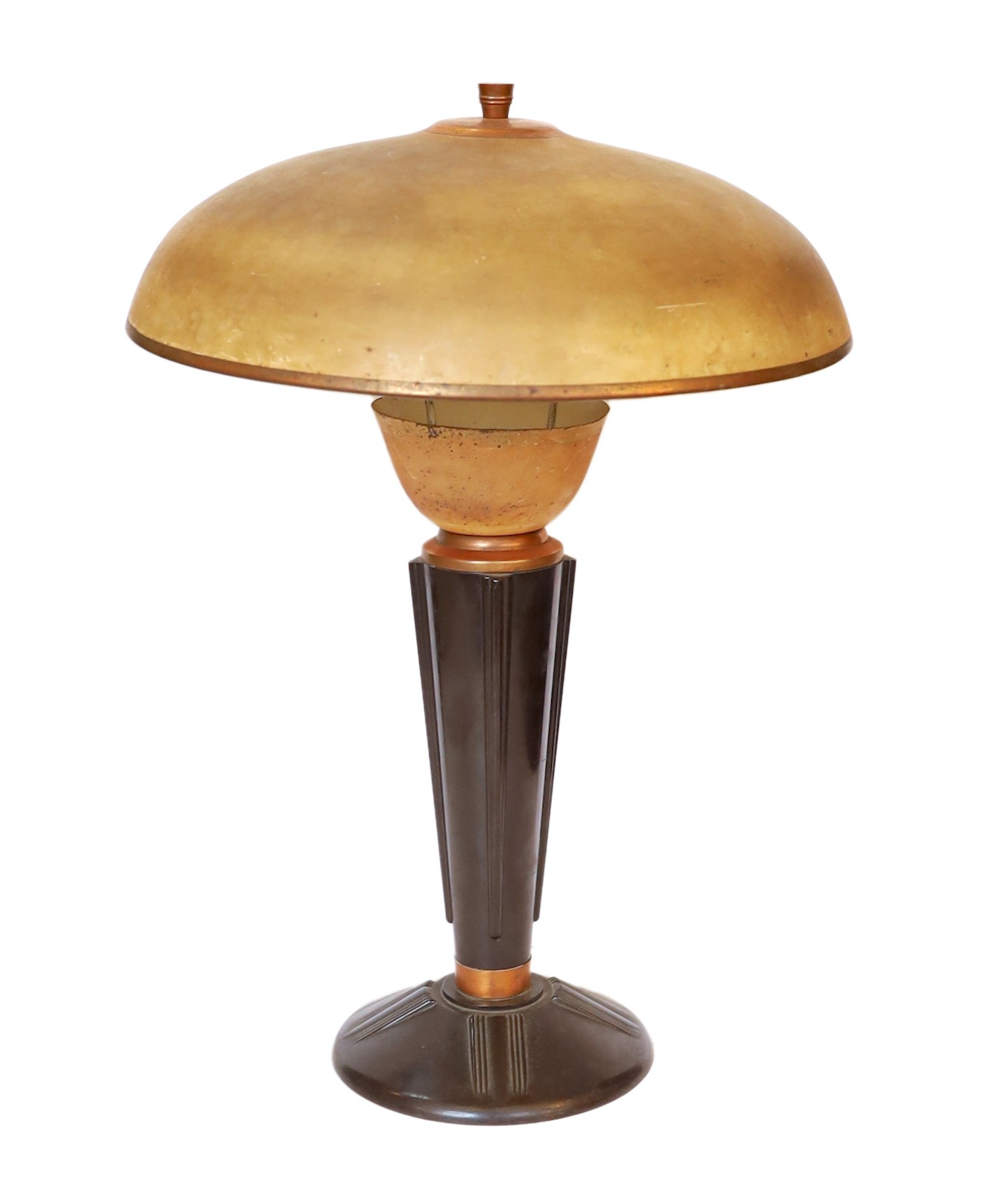 A 1930s French black phenolic and coppered metal table lamp, height 49cm